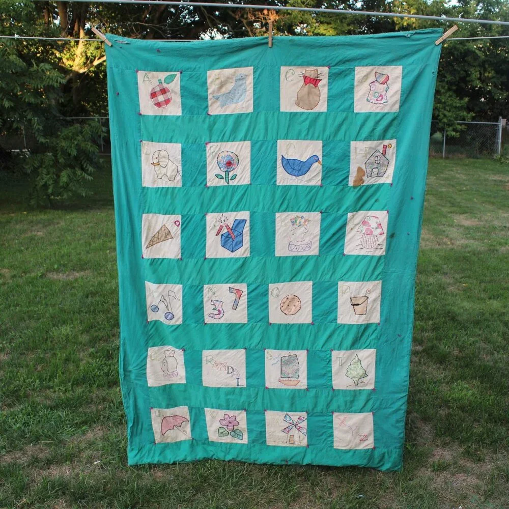 MCM Vintage Patchwork Quilt Farm House Alphabet Sampler Baby Child